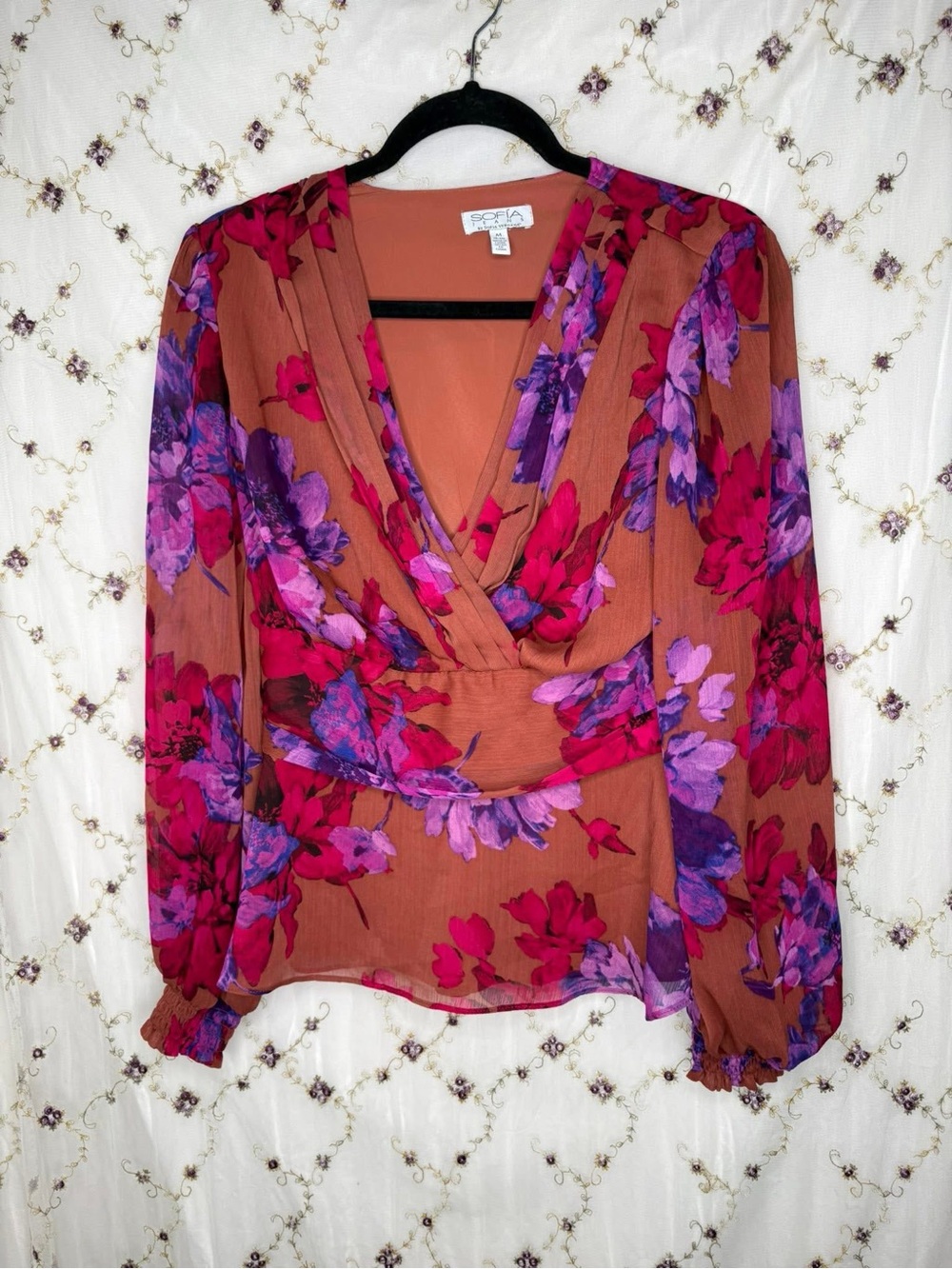 sofia by sofia vergara Rust Floral Wrap Blouse with Pink & Purple Flowers